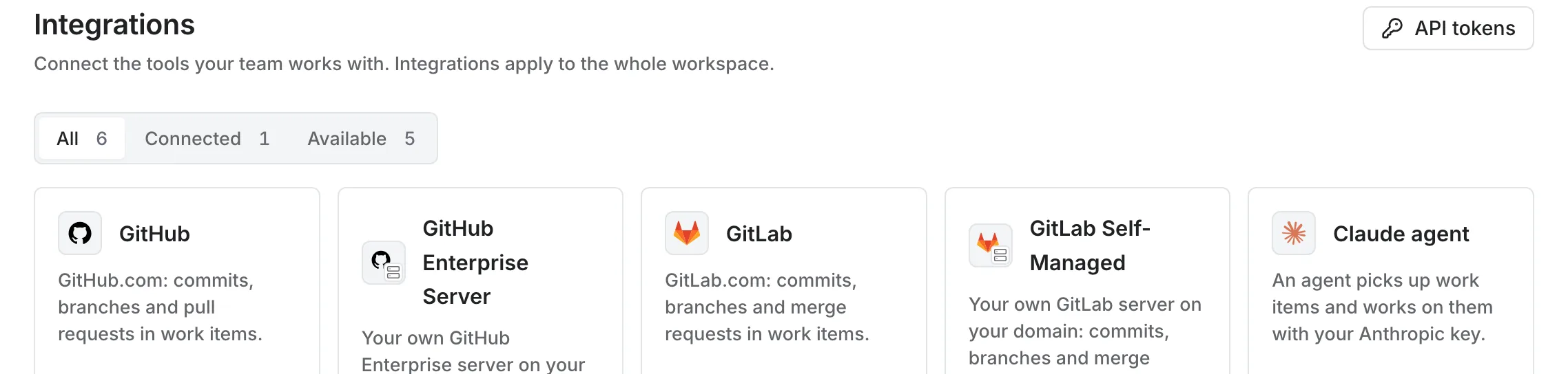 Screenshot: the integrations catalogue with GitHub and GitLab tiles